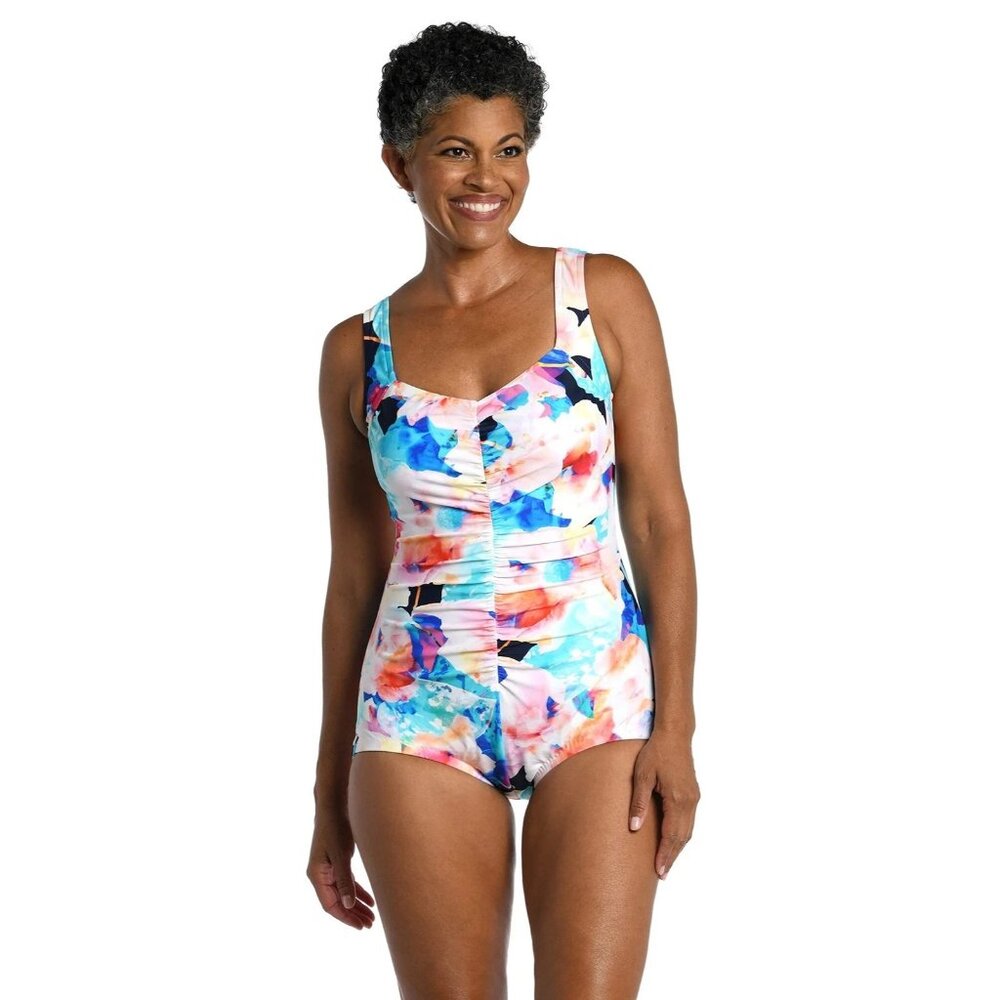 Maxine of Hollywood Shirred Front Girl Leg Swimsuit Illusion Blossoms 16W NEW